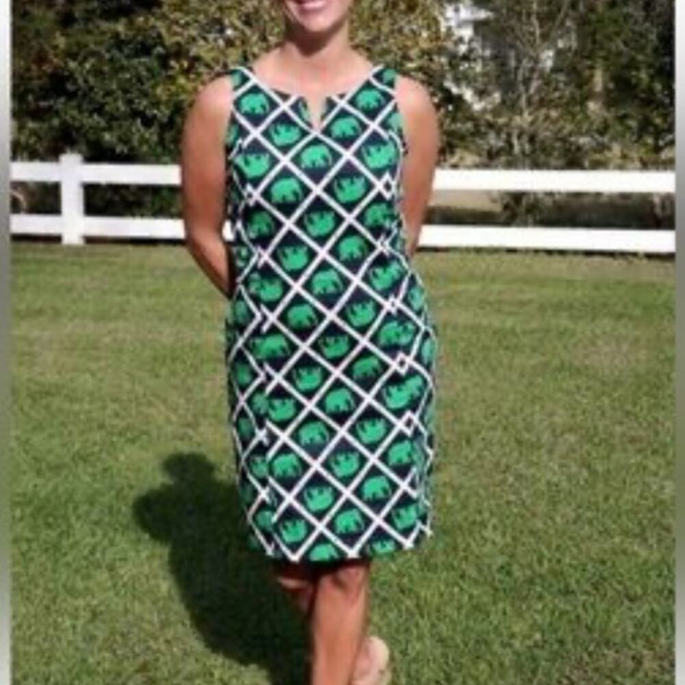 Haley and  The Hound Elephant Shift Dress Navy Green Preppy Size 12